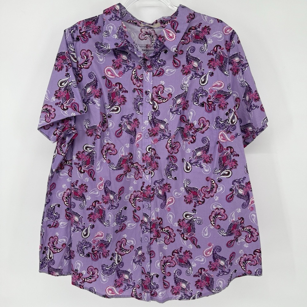 Woman Within 1X purple paisley floral short sleeve button Up‎ collar